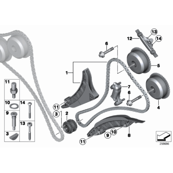 Łańcuch rozrządu z szyną napinającą BMW F01 F06 F07 F10 F12 F15 G11 750i 50iX 650i 550i M5 M6 X5 M X6 M N63N - 11317605193