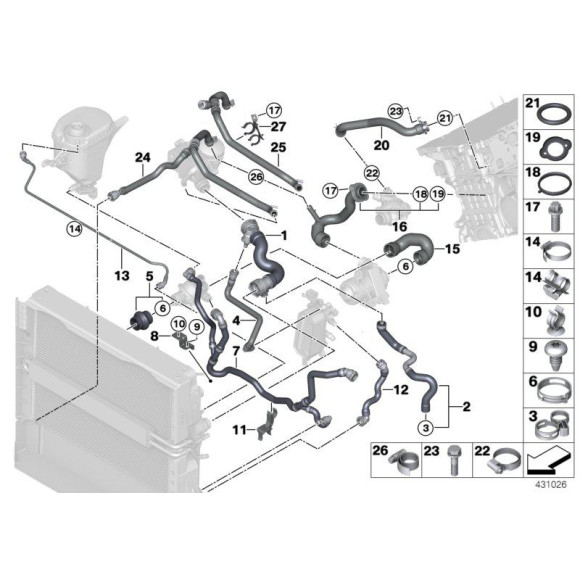 Przewód wody wąż górny BMW F01N F02N F10 F11 730i 523i 528i 530i N53 N52N - 17127578399
