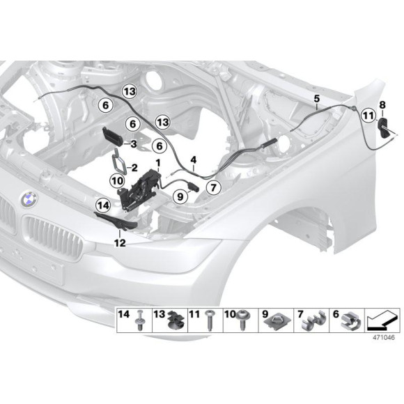 Zamek pokrywy silnika prawy BMW F20 F21 F22 F23 F30 F31 F32 F33 F34 F36 F80 F82 E87 - 51237242549