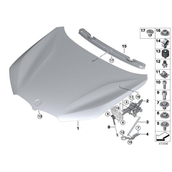 Zawias pokrywy silnika prawy BMW F39 F48 X1 X2 16d 18d 18dX 20dX 20d 20i 20iX 25dX 25iX 28i 28iX - 41007427126