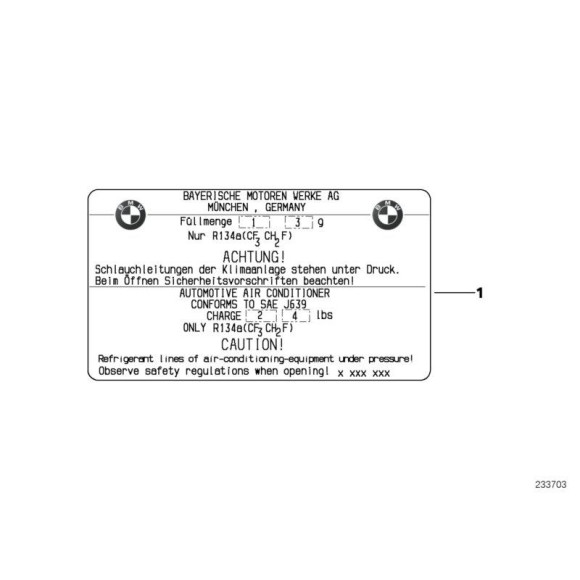 Tabliczka inf. "Czynnik chłodniczy" BMW E81 E84 X1 E87 E90N E91N E92N - 71239384996